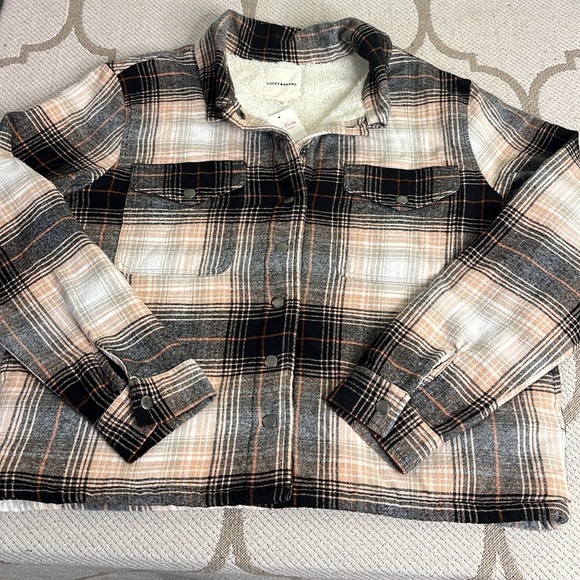 Lucky Brand Sherpa lined snap button side pockets flannel plaid shirt jacket - Picture 1 of 16
